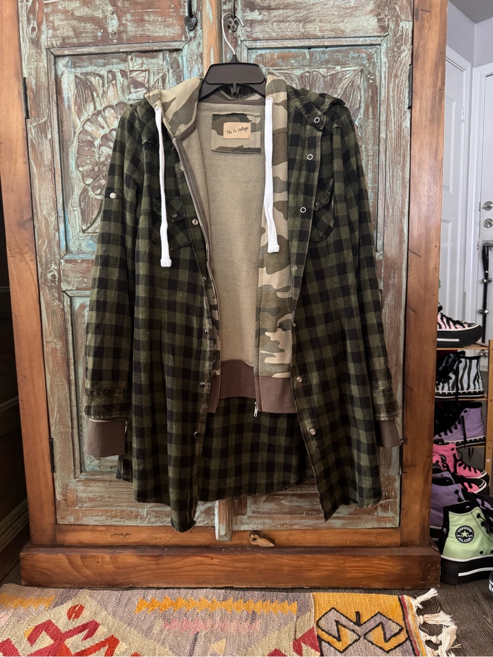 The Nu Vintage Plaid Hooded Camo sweatshirt w/ Plaid shirt overlay